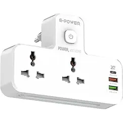 G-Power SC2311 Power Extension Socket Double Plug Adaptor مع Touch Control Nightlight مع 1 PD 20W,1 QC3.0 18W And Auto ID Port 12W - أبيض