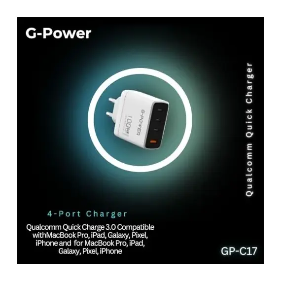 G-Power GP-C17 100W 4-Port Charger (USB-A and 3USB-C) Qualcomm Quick Charge 3.0 Compatible with MacBook Pro, iPad, Galaxy, Pixel, iPhone and More - White Black, 6 image