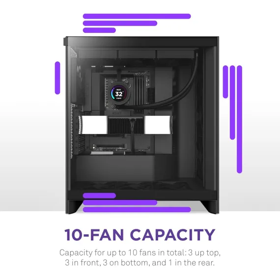 NZXT H7 Flow 2024 - Mid-تاور ATX Airflow جراب - Includes Pre-Installed 3 x 120mm Fans - Supports Bottom Fans for Dedicated GPU تبريد - Cable Management - أسود, 3 image