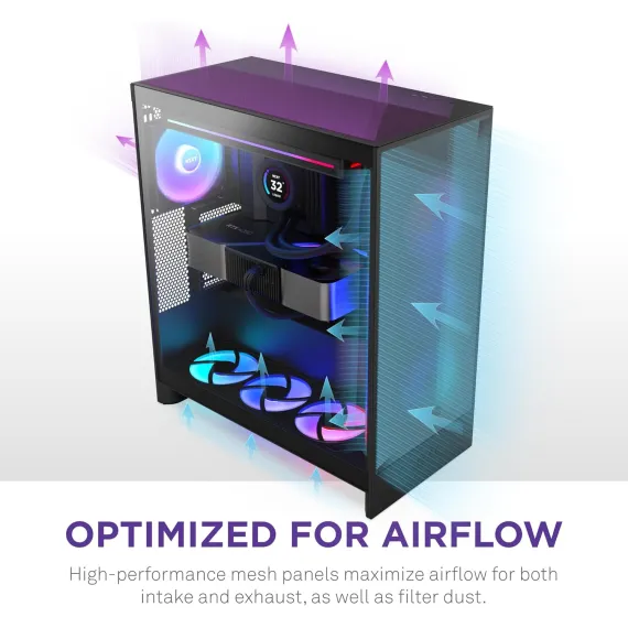 NZXT H7 Flow 2024 - Mid-تاور ATX Airflow جراب - Includes Pre-Installed 3 x 120mm Fans - Supports Bottom Fans for Dedicated GPU تبريد - Cable Management - أسود, 4 image